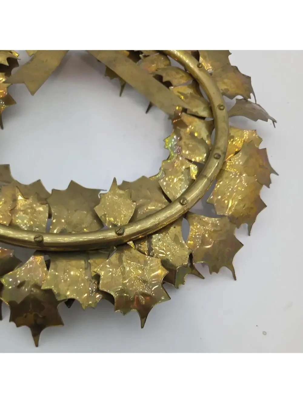 Vintage 1970s Solid Brass Christmas Wreath 15” Montgomery Ward Holly Decor
